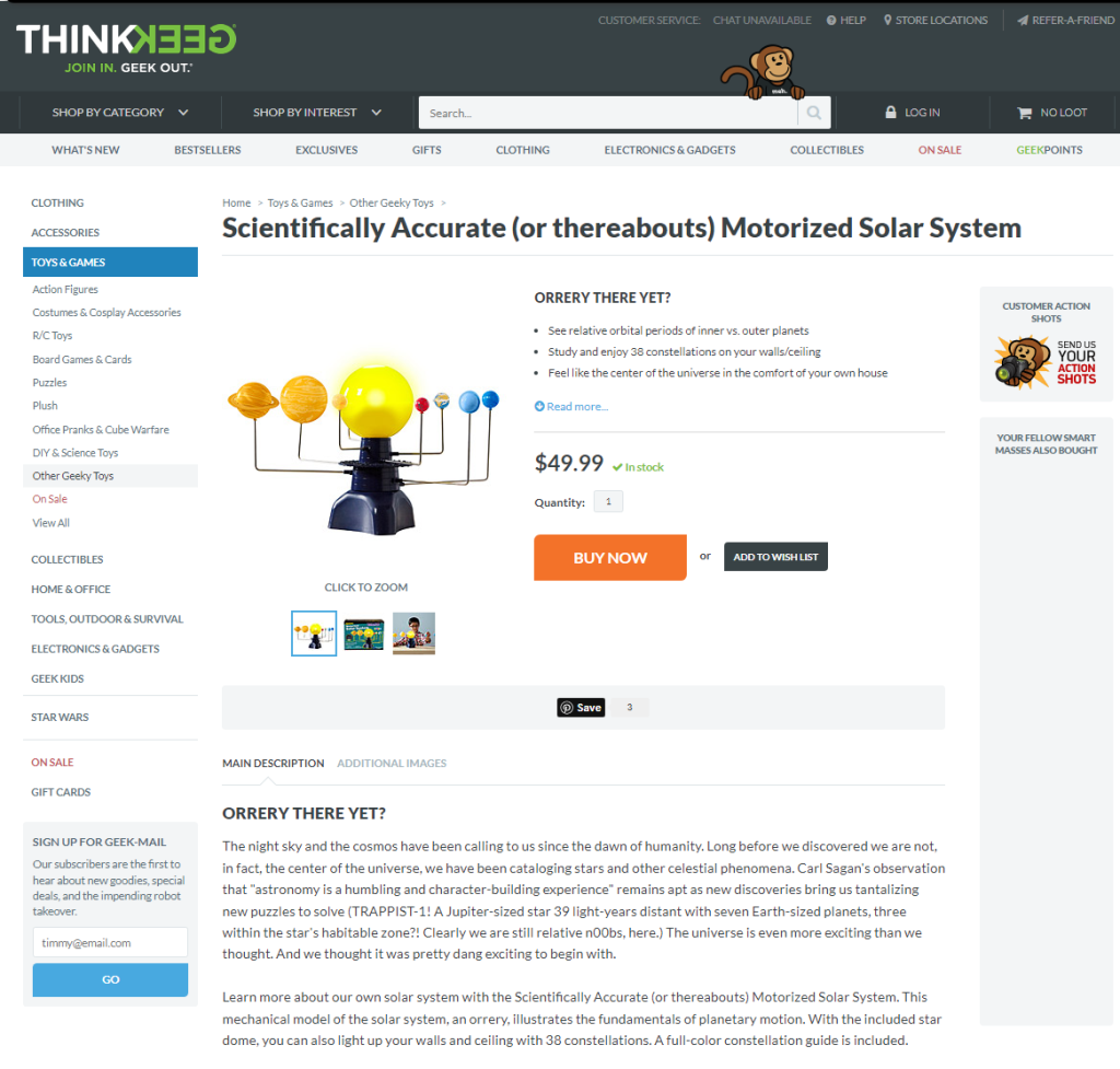 ThinkGeek product page (Motorized Solar System)